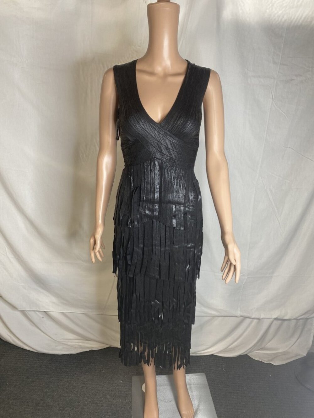 Herve Leger Paris Womens The Metallic Gracie Midi Dress Size XXS Black Foil